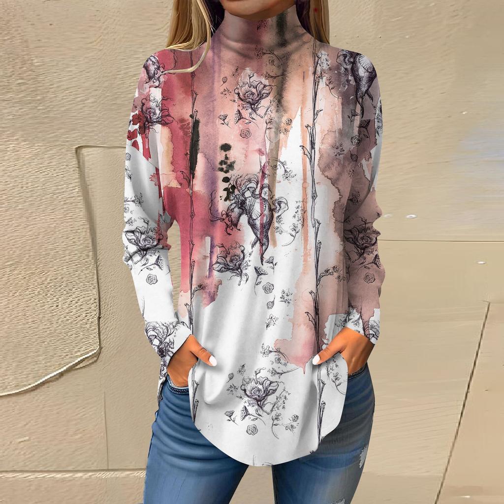 Женская модная повседневная футболка с длинным рукавом с высоким воротом и принтом, пуловер, топ