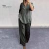 2 Pcs/Set Blouse Pants Set V Neck Button Decor Three Quarter Sleeves Top Wide Leg Loose Elastic Waist Trousers OL Commute Casual Homewear Outfit
