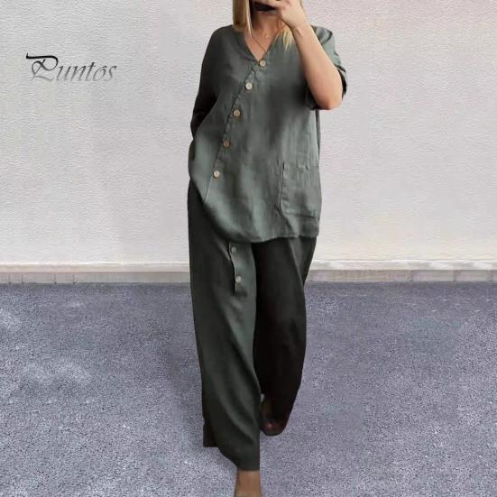 2 Pcs/Set Blouse Pants Set V Neck Button Decor Three Quarter Sleeves Top Wide Leg Loose Elastic Waist Trousers OL Commute Casual Homewear Outfit