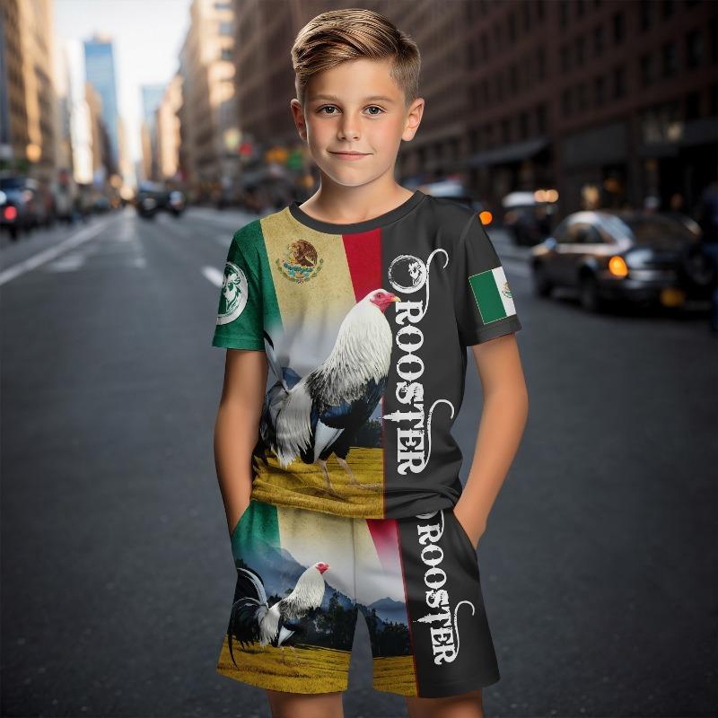Футболки с 3D-принтом и рисунком мексиканского петуха, комплект из 2 предметов, детская футболка, короткие штаны, костюм для детей 4-14 лет, модные комплекты с коротким рукавом