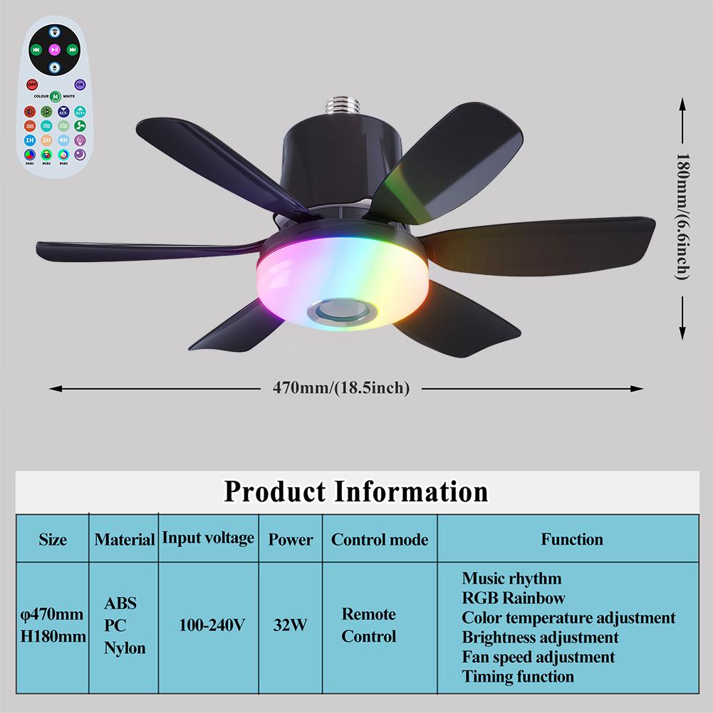 Ceiling Fans with Lights Remote Ceiling Fan RGB Dimmable Light Noiseless Black Modern Small Ceiling Fan for Bedroom Indoor 32W