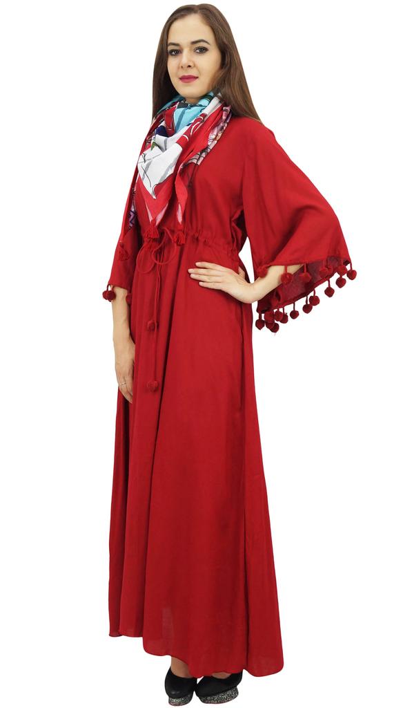 Bimba Женское повседневное платье макси с помпонами и рукавами-колокольчиками цвета морской волны с шарфом -