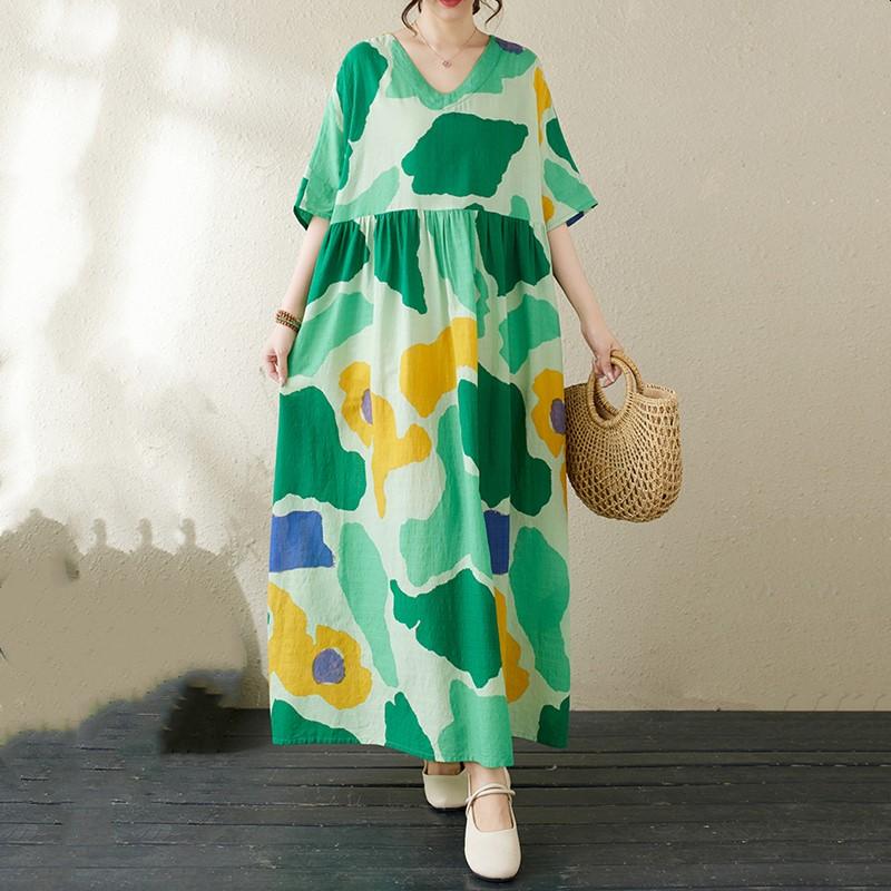 Новое хлопковое платье больших размеров с коротким рукавом и цветочным принтом для женщин, повседневное свободное длинное летнее платье