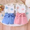 Girls Casual Suit Summer Kids Fashion Cute Flower Sleeveless Top + Solid Color Shorts Set