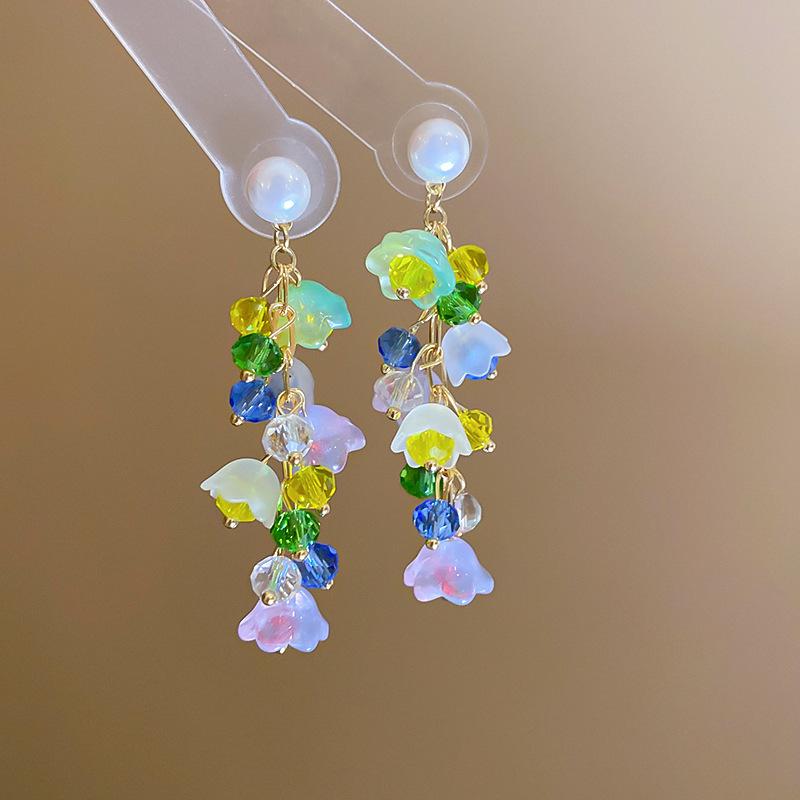 Богемные розовые серьги-кисточки с цветком из бисера и жемчуга