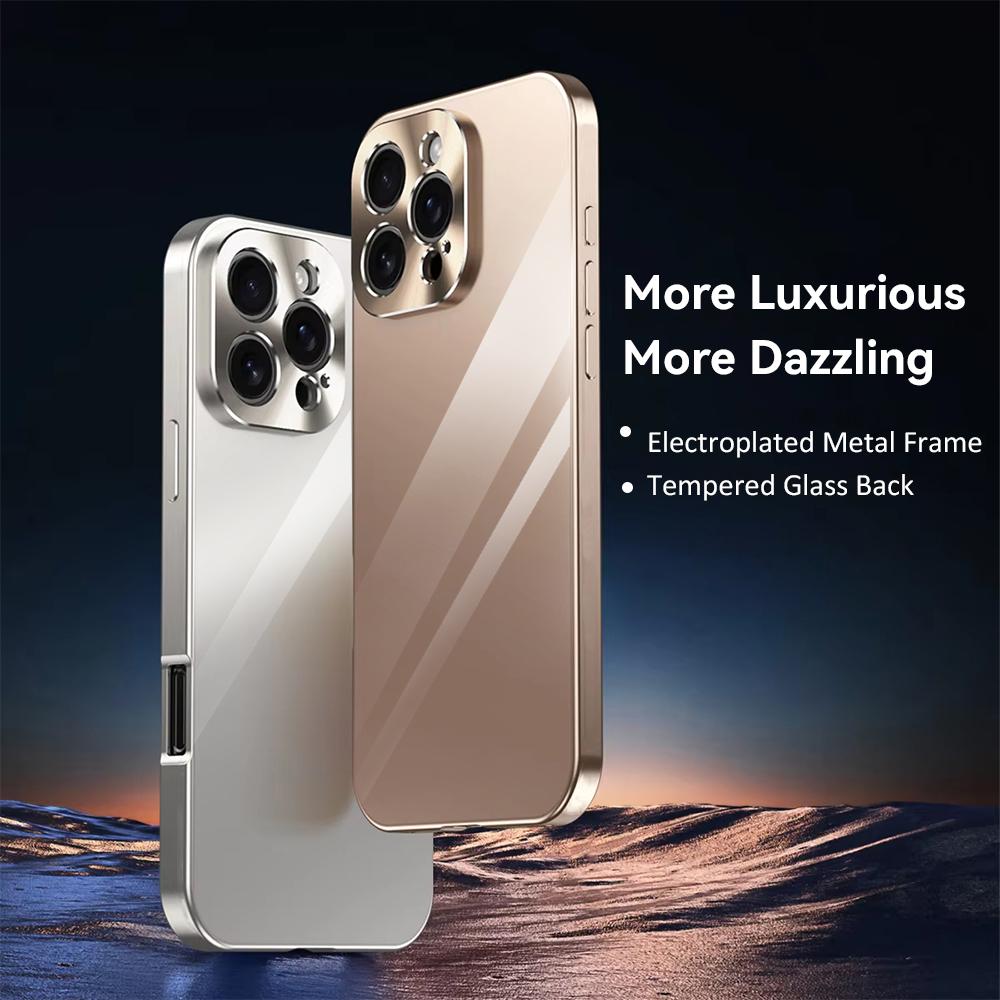 INS Fashion Heart Phone Case For iPhone 17 16 15 14 13 12 Pro Max Plus Electroplated Metal Shockproof Bumper Case Glass Back