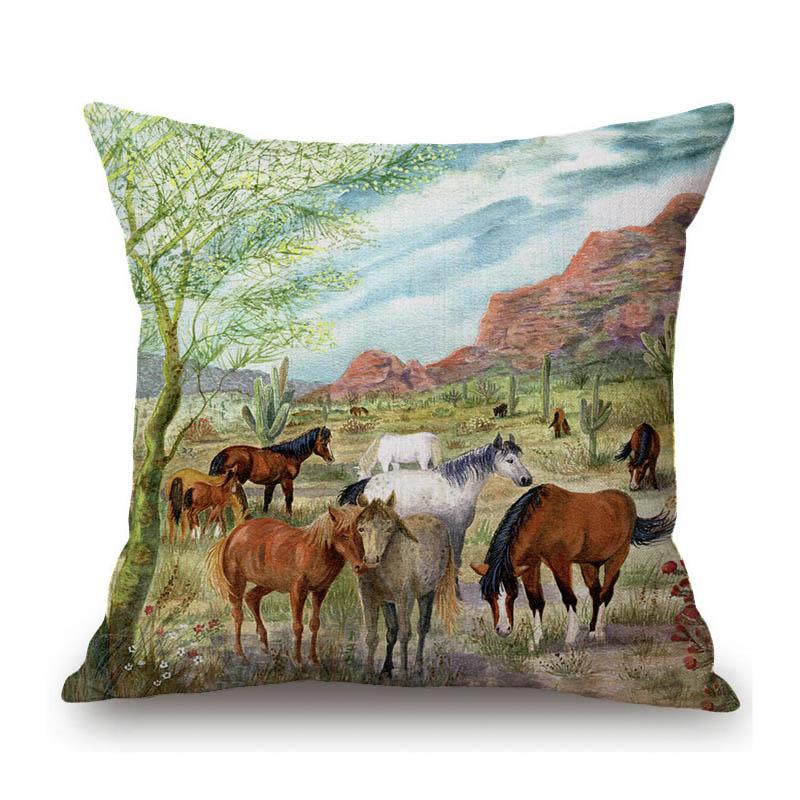 Horse Oil Painting Home Modern Decoration Art Cotton Linen Sofa Throw Pillow Case Lovely Mane Foal Pony Car Seat Cushion Cover