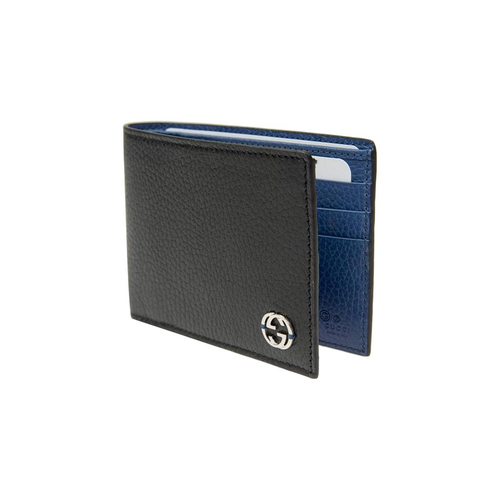 Gucci Silver Logo Long Folded Lychee Grain Leather Wallet Men Wallet Black Blue 611229-CAO2N-1040