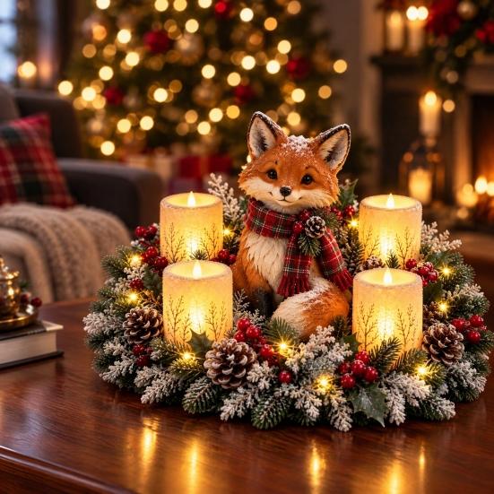 Seasonal Tabletop Decorations Lighted Highland Cow Christmas Table Centerpiece, Resin Flickering LED Flameless Candles, Frosted Winter Home Decor Pine