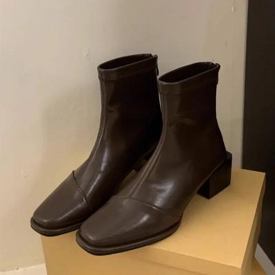 Модные женские сапоги на высоком каблуке, с квадратным носком, новые осенне-зимние плюшевые, модные и универсальные женские сапоги.