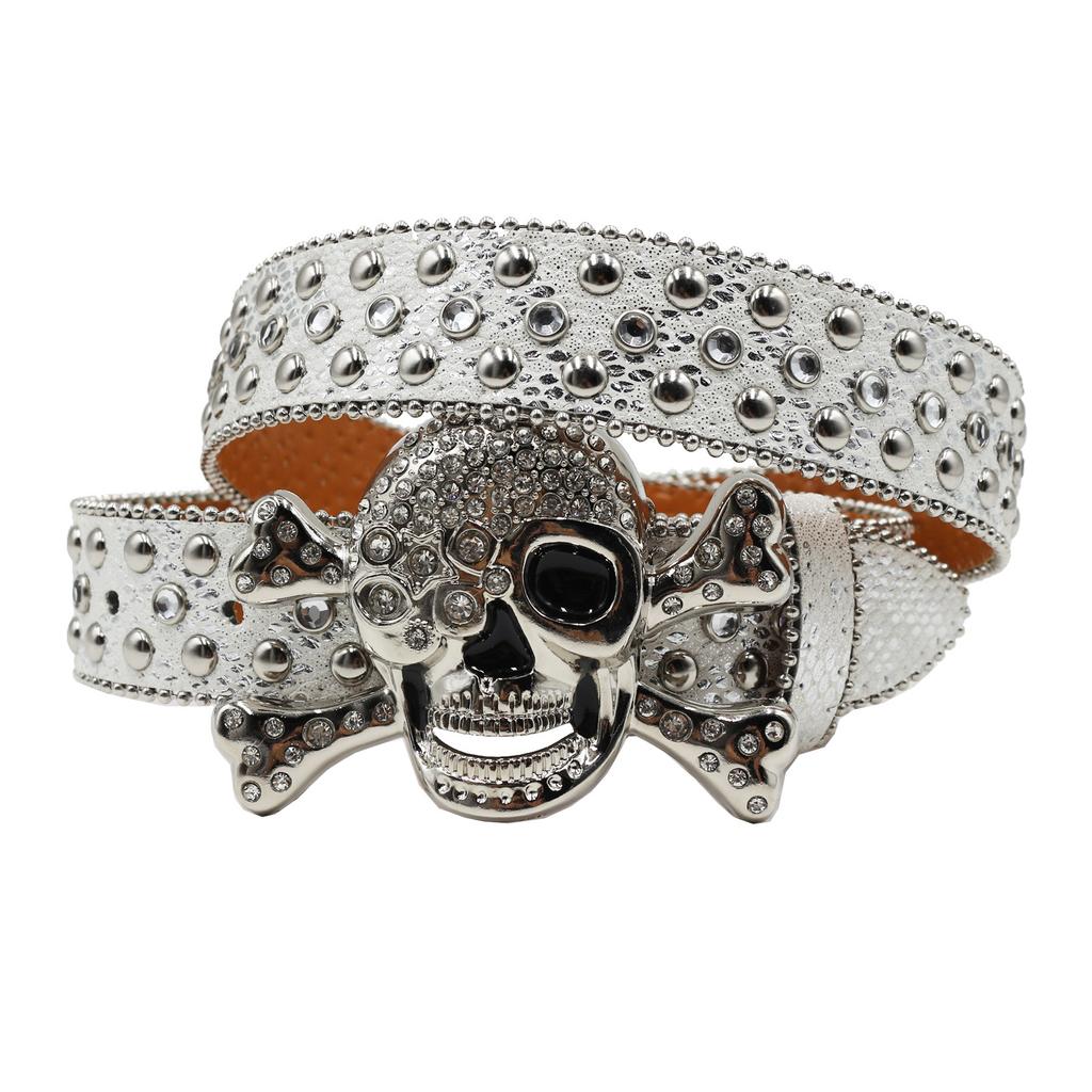 Snake Pattern Diamond Skull Belt Pin Buckle Retro Rhinestone Men and Women Denim Belt Fashion Hip-hop Punk Outfit