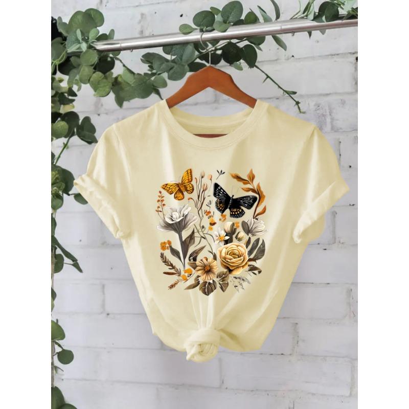 Футболка из хлопка, летняя, с коротким рукавом, круглым вырезом, с цветочным узором, женская