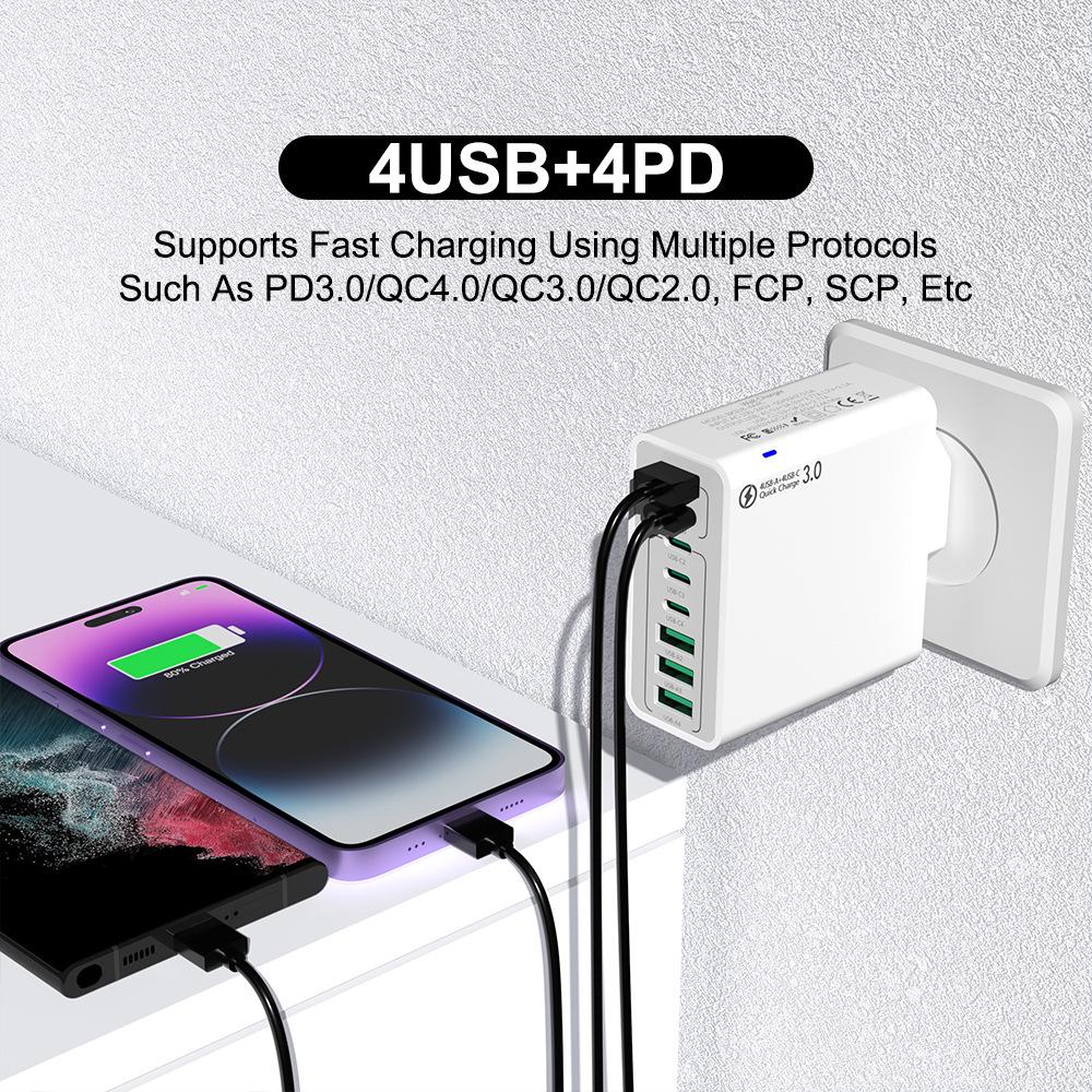 Быстрое зарядное устройство PD 55 Вт на 8 портов: 4 USB, 4 PD, QC3.0, Стандарт EU/US/KR