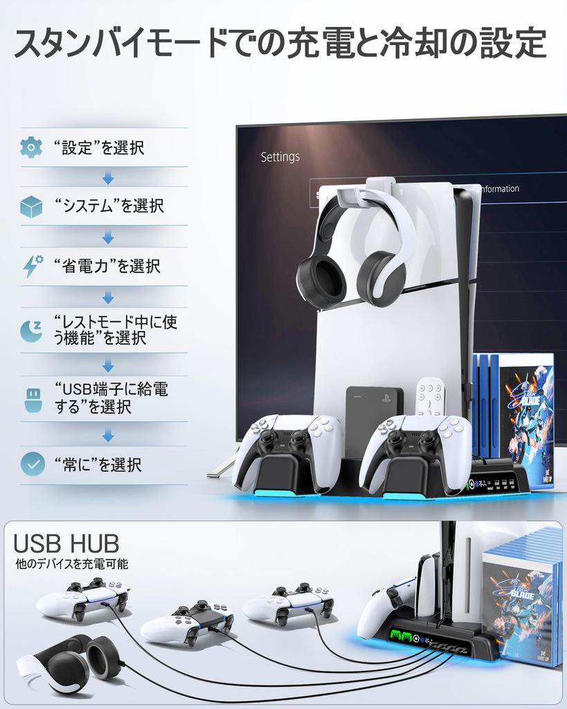 With PS5 Slim Vertical Cooling Stand with Fan and PS5 Cooling PS5 Controller Simultaneous Charge for Two Controllers with Charging Indicator Game Disc
