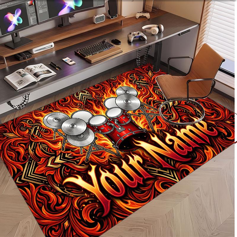 Music Drums Theme Soft Crystal Velvet Rug Custom Name & Text Print Non Slip Floor Rug for Bedroom Living Room