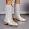 Fashion High Quality Shoes Western Cowboy Boots Fashion Women Mid-calf Boots Glitter Bling Shiny Trend High Heels Botas Mujer 2024