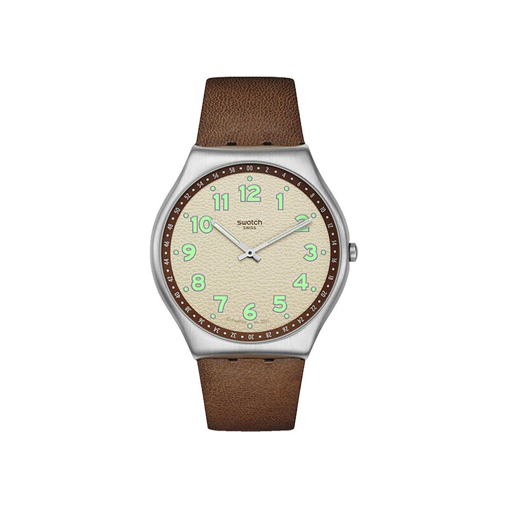 Swatch SKIN IRONY серия кварцевый механизм простой коричневый тон модные светящиеся часы 43 мм бежевый циферблат корпус из нержавеющей стали кожаный ремешок SS07S135