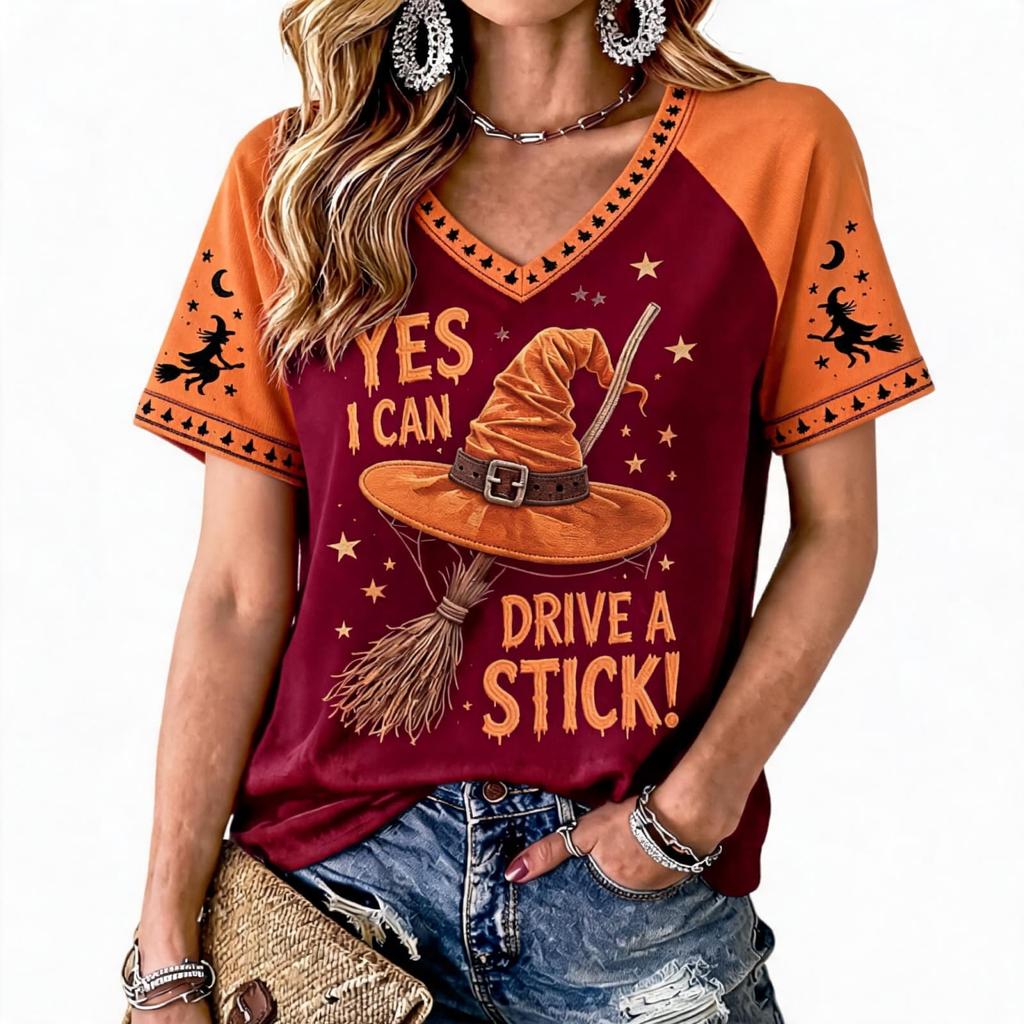 Women's Halloween Printed Raglan Sleeve Tee for Casual Festive Wear
