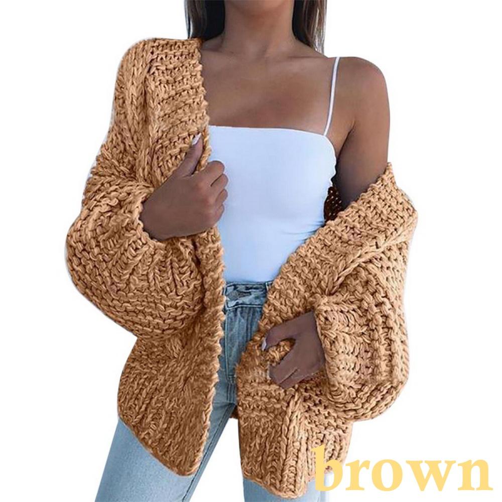 Женская мода Осень Зима Теплый Однотонный Свитер Кардиган Крупной Вязки Повседневный Свитер Пальто с Открытой Передней частью для Женщин Большого Размера Свитер Верхняя Одежда