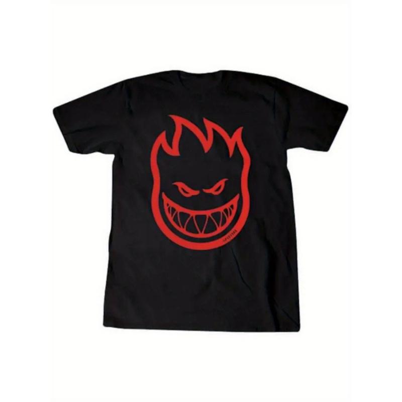 Men's Spitfire Graphic T-Shirt 100% Cotton Black with Red Flame Print - Breathable Streetwear Short Sleeve Round Neck Casual & Skateboarding Shirt,