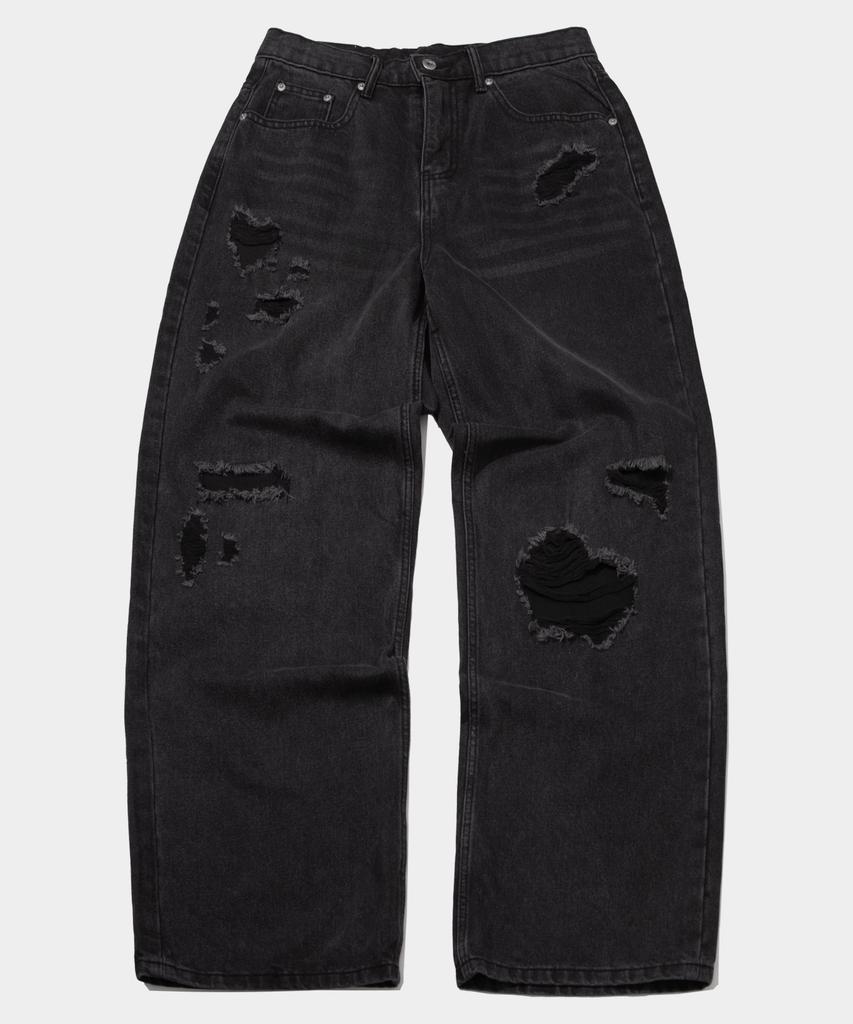 PLACESTUDIOMAN Vintage Washed Damage Patch Detail Wide Denim Pants [Medium Blue]