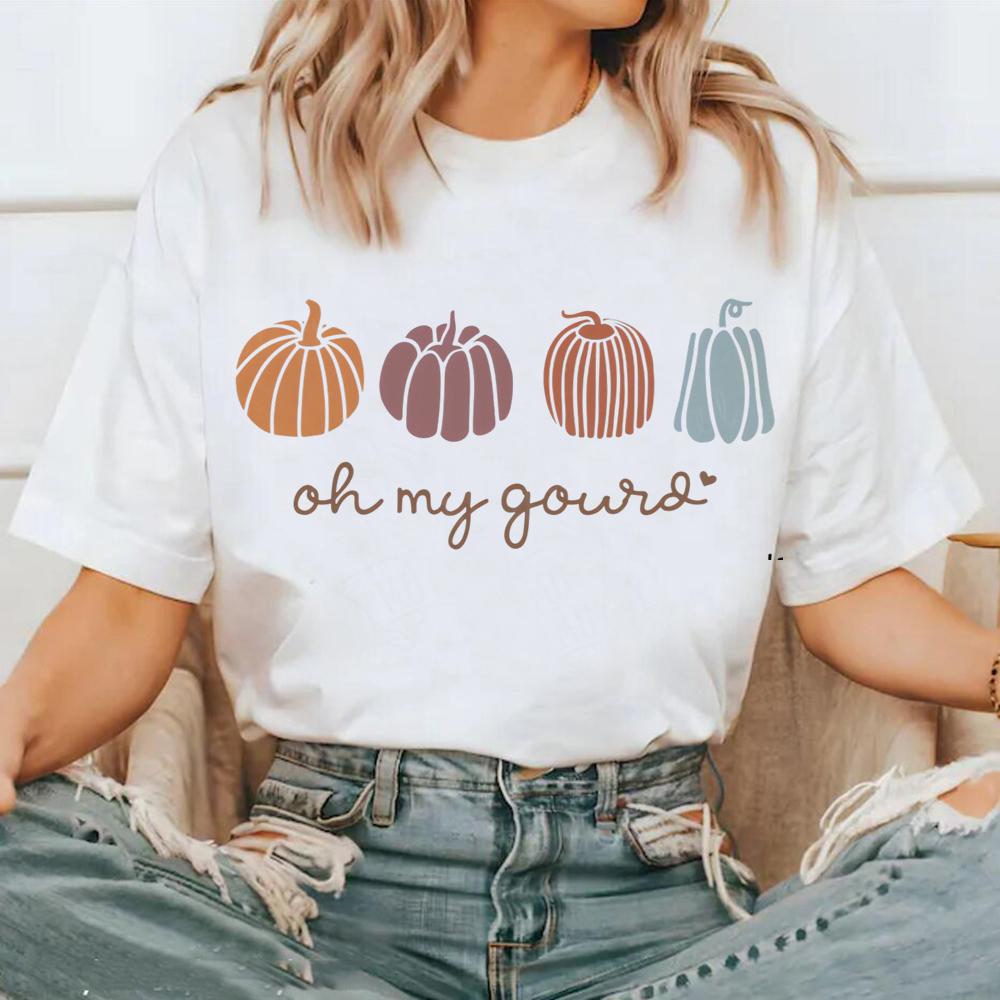 Oh My Gourd Cute Pumpkins Printed TShirt Womens Thanksgiving Graphic Trendy Casual TShirt Round Neck Clothing Fall Basic Tee