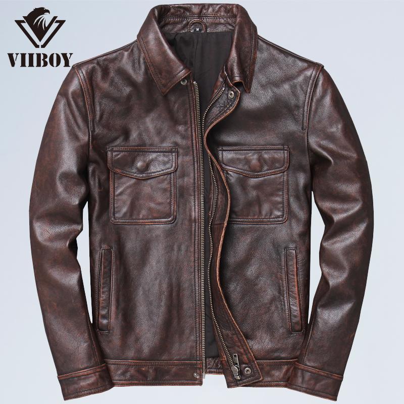Cowhide pattern lapel locomotive leather jacket is very good for men, leather Ami Kaji casual old retro leather jacket