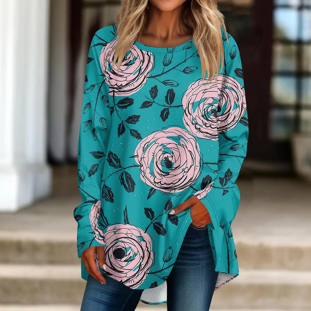 Женская повседневная футболка больших размеров с длинными рукавами и круглым принтом, верхний пуловер