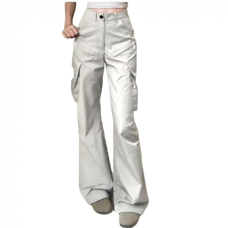 Womens High-Waisted Wide-Leg Cargo Pants 2026 Loose Fit Retro Streetwear Trousers White Black Beige Gray