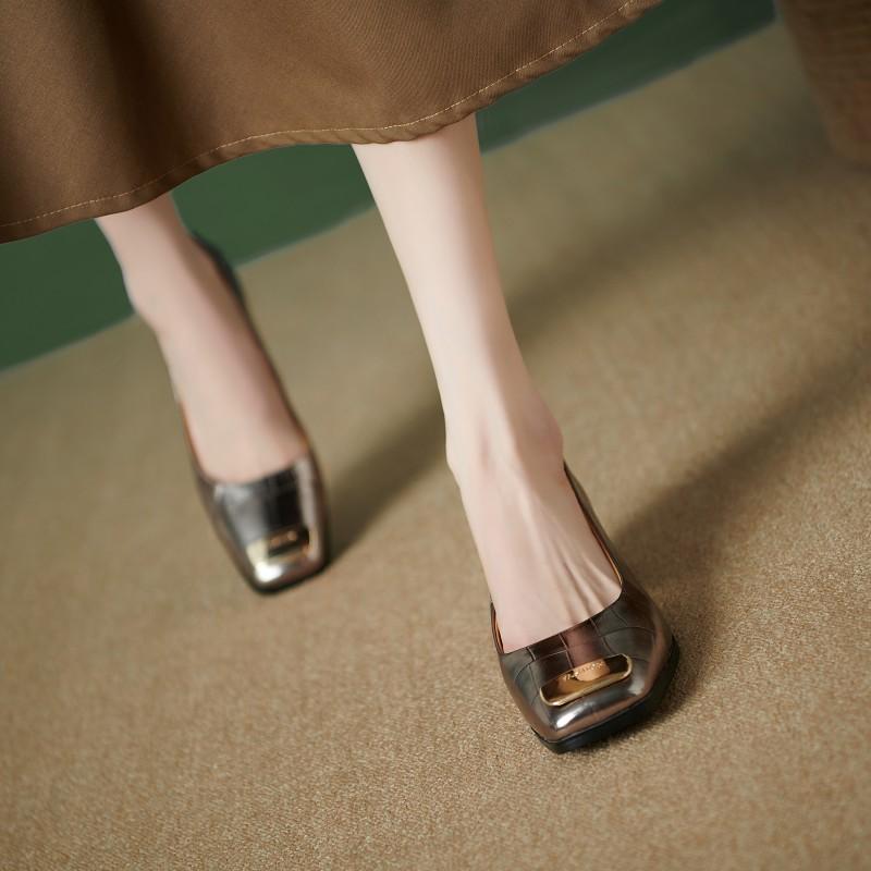 BCEBYL Summer Square Toe Thick Heel Shallow Mouth Metal Decoration Fashion Ladies Shoes NEW Elegant Banquet Party High Heels