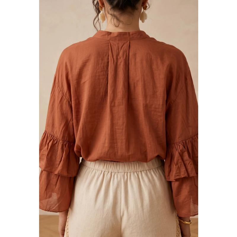 Women S Solid Stand Collar Button Long Sleeve Trumpet Loose Casual Shirt