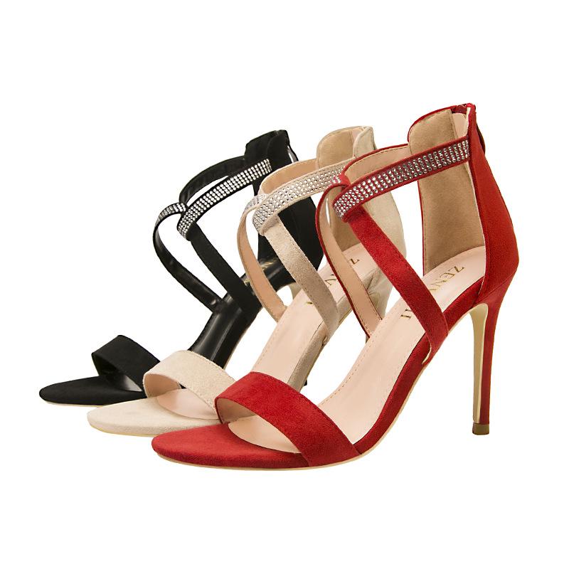 Модные женские босоножки на тонком каблуке, очень высокий каблук, замшевые, с открытым носком, со стразами, на высоком каблуке