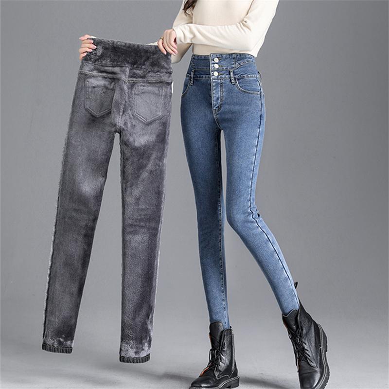 Зимние толстые флисовые теплые узкие брюки-карандаш для мам, джинсы, женские повседневные уличные брюки с высокой талией, женские синие джинсовые брюки