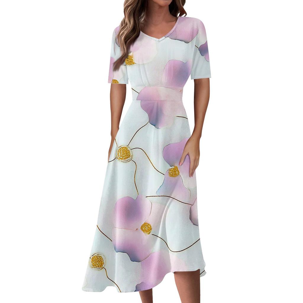Женская повседневная мода Цветочный (лист) Платье-халат с принтом, V-образным вырезом, короткими рукавами и длинной юбкой-халат