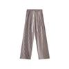 Petite Coffee Pinstripe Casual Women's Wide-Leg Pants, Drawstring High Waist, Relaxed Fit - Perfect for Spring & Autumn.