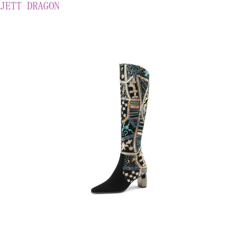 Women Knee High Boots Pointed Toe Boots Women Long Chunky Block Pleated High Heel Boots Quality Microfiber Zip Thigh High Boots