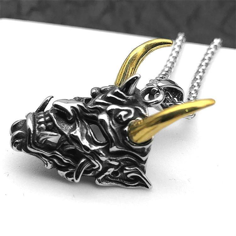 Mens Stainless Steel Necklace Fangs Demon Mask Pendant Retro Gothic Punk Style Skull Jewelry Gift
