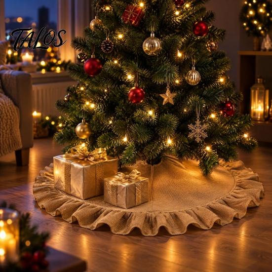 New Year Party Tree Accessory Ruffled Christmas Skirt, Burlap Mat for Rustic Decorative Holiday Skirt Home Decor And Base Cover Linen Ornament