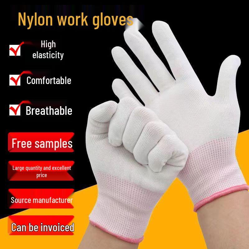 Ultra-Thin Nylon Breathable White Work Gloves - Skin-Friendly, Non-Slip, Elastic, Wear-Resistant.