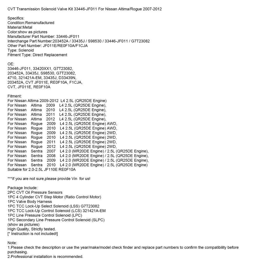 Комплект электромагнитного клапана трансмиссии CVT 33446-Jf011 для Nissan Altima/Rogue 2007-2012