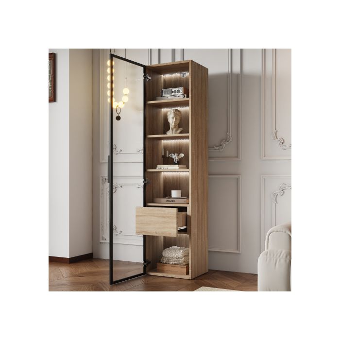 Armoire de salle de bains, moyenne, avec bandeau lumineux, largeur 40 cm, avec 1 grand tiroir et 1 porte, porte vitrée