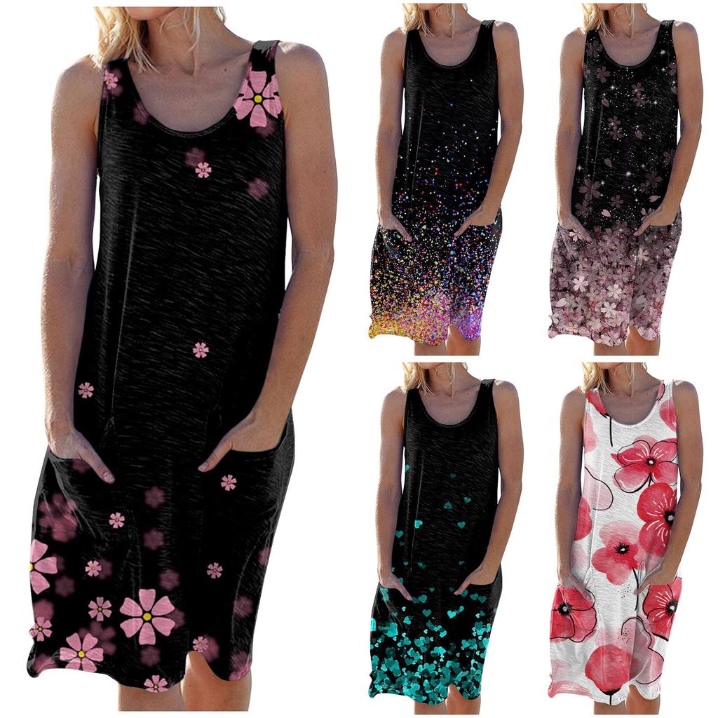 Women's Fashion Summer Printed  Sleeveless Dress Crewneck  Large Hemline Dress