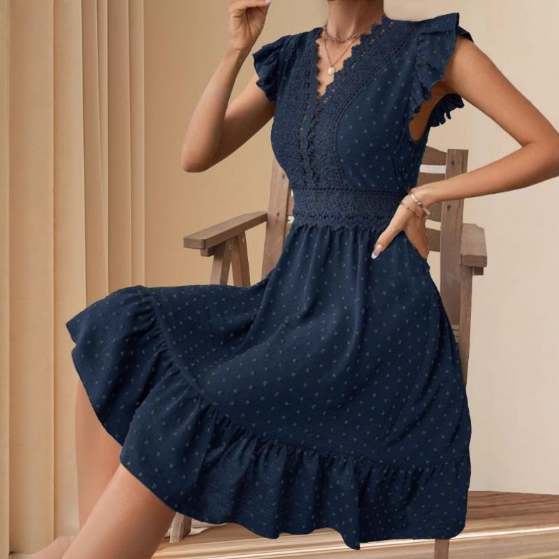 Кружевное кружевное пэчворк плиссированное V-образное декольте с небольшими рукавами-крылышками темпераментное элегантное платье