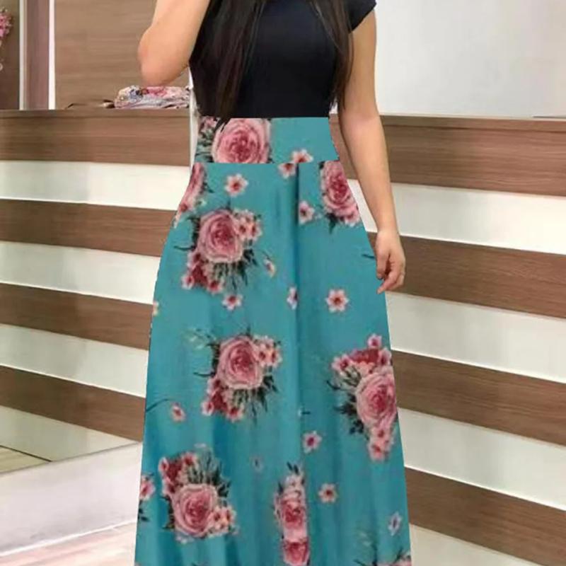 2024 European and American style flower print color matching short sleeved dress for women's large swing skirt