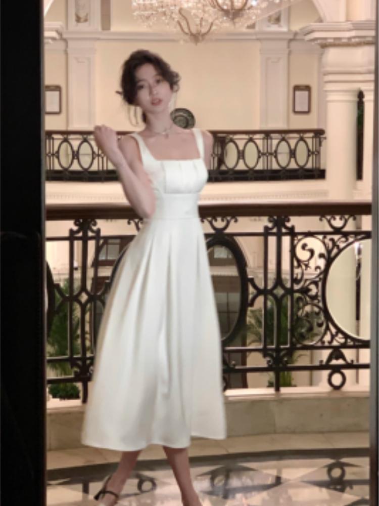 Элегантное платье, женское шикарное французское сексуальное ретро платье Хепберн, милое эстетичное длинное платье с квадратным воротником и складками на талии, облегающее большой подол
