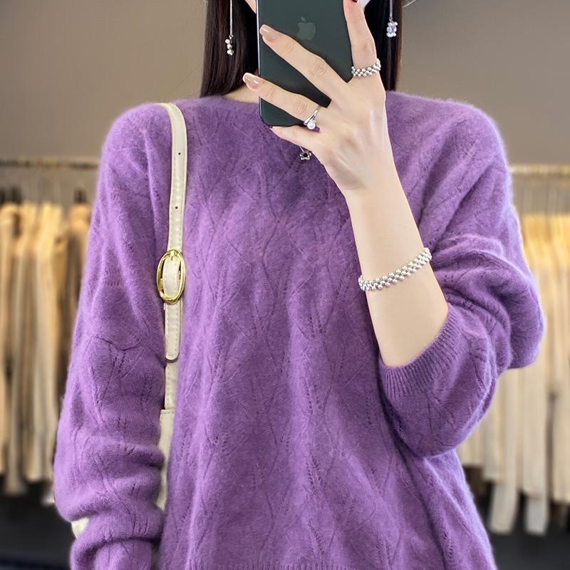 2023 Women's Long Sleeve Wool Knit Pullover - Loose Fit, Round Neck, Solid Color, Autumn/Winter Jacquard Style