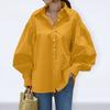 Solid Color Lantern Sleeve Collared Loose Fit Long Shirt Blouse Women