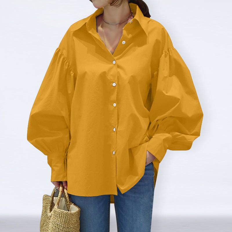 Solid Color Lantern Sleeve Collared Loose Fit Long Shirt Blouse Women