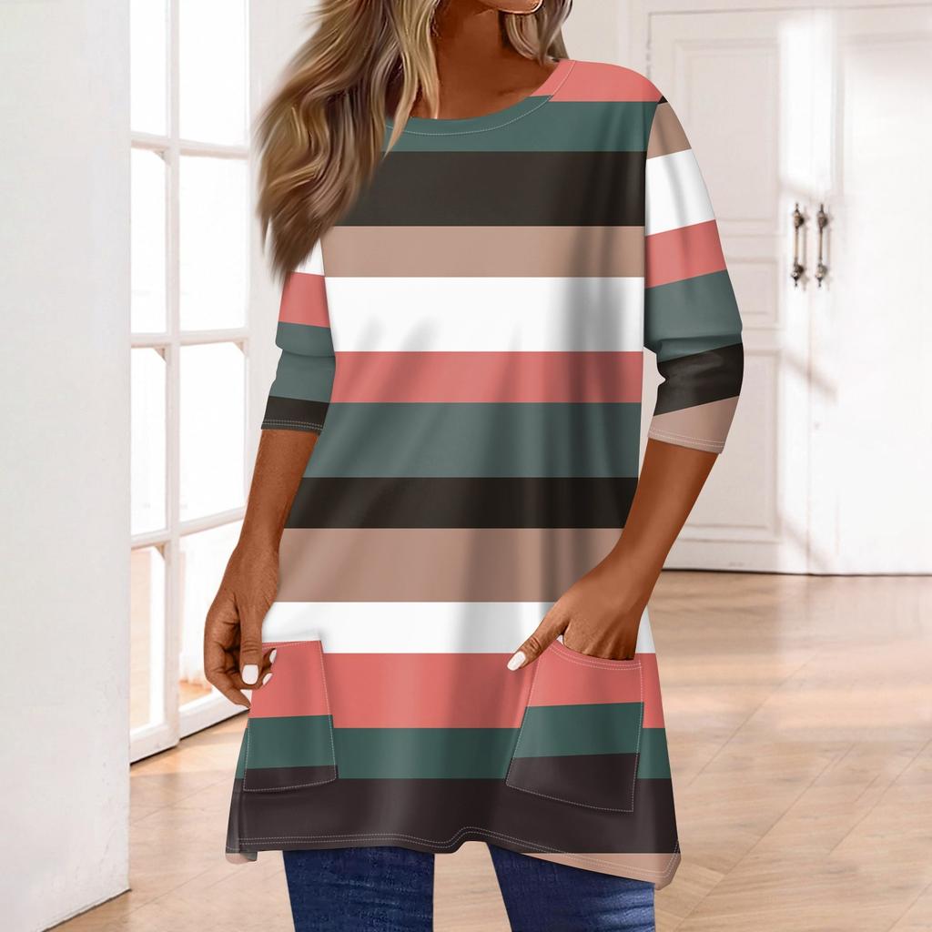 3/4 Sleeve Pocket Tops For Women T-Shirt Casual Print Mid-length Tops T Shirt Round Neck Pullover  Blouse