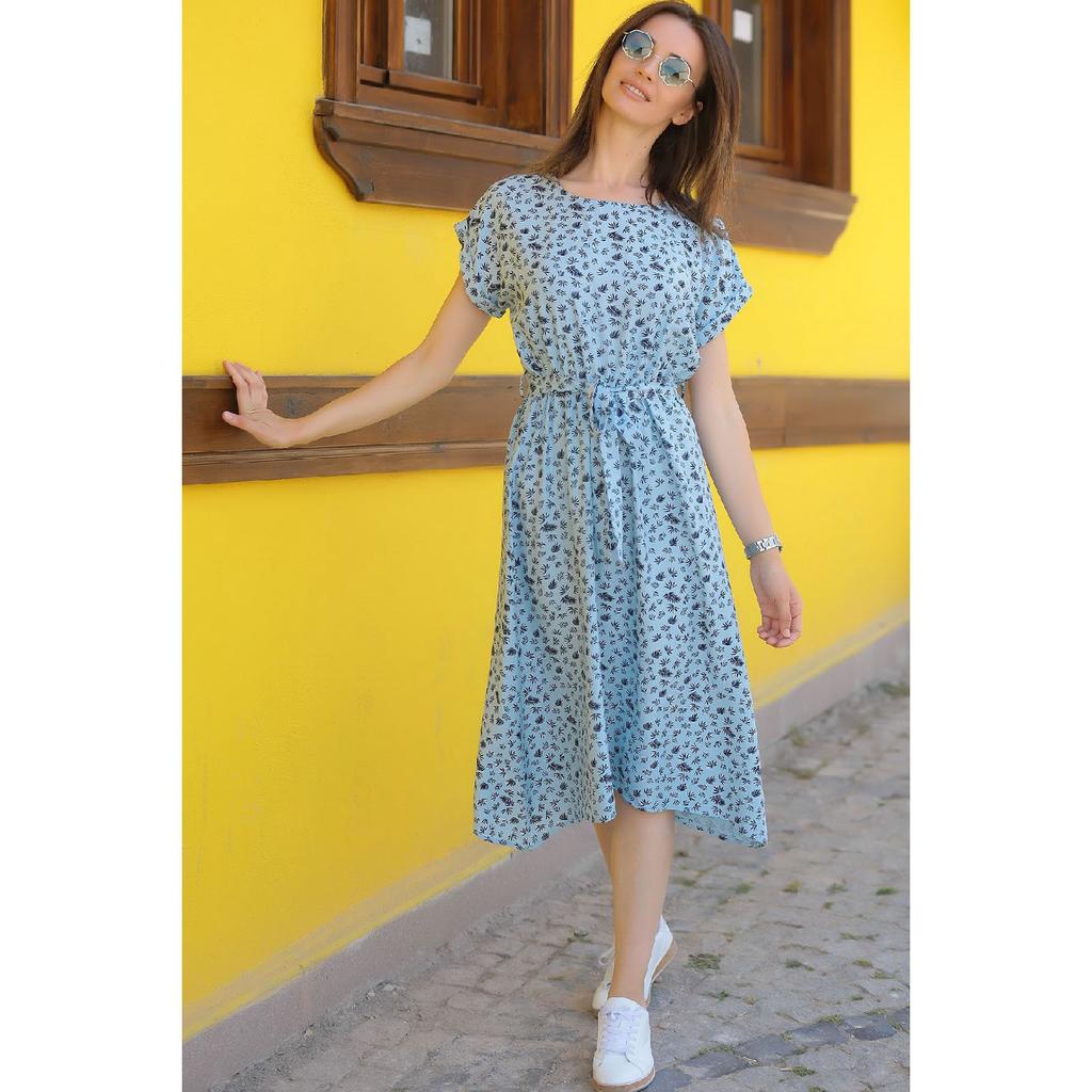 Women's Baby Blue Patterned Elastic Waist Tie Dress Arm-18y001121